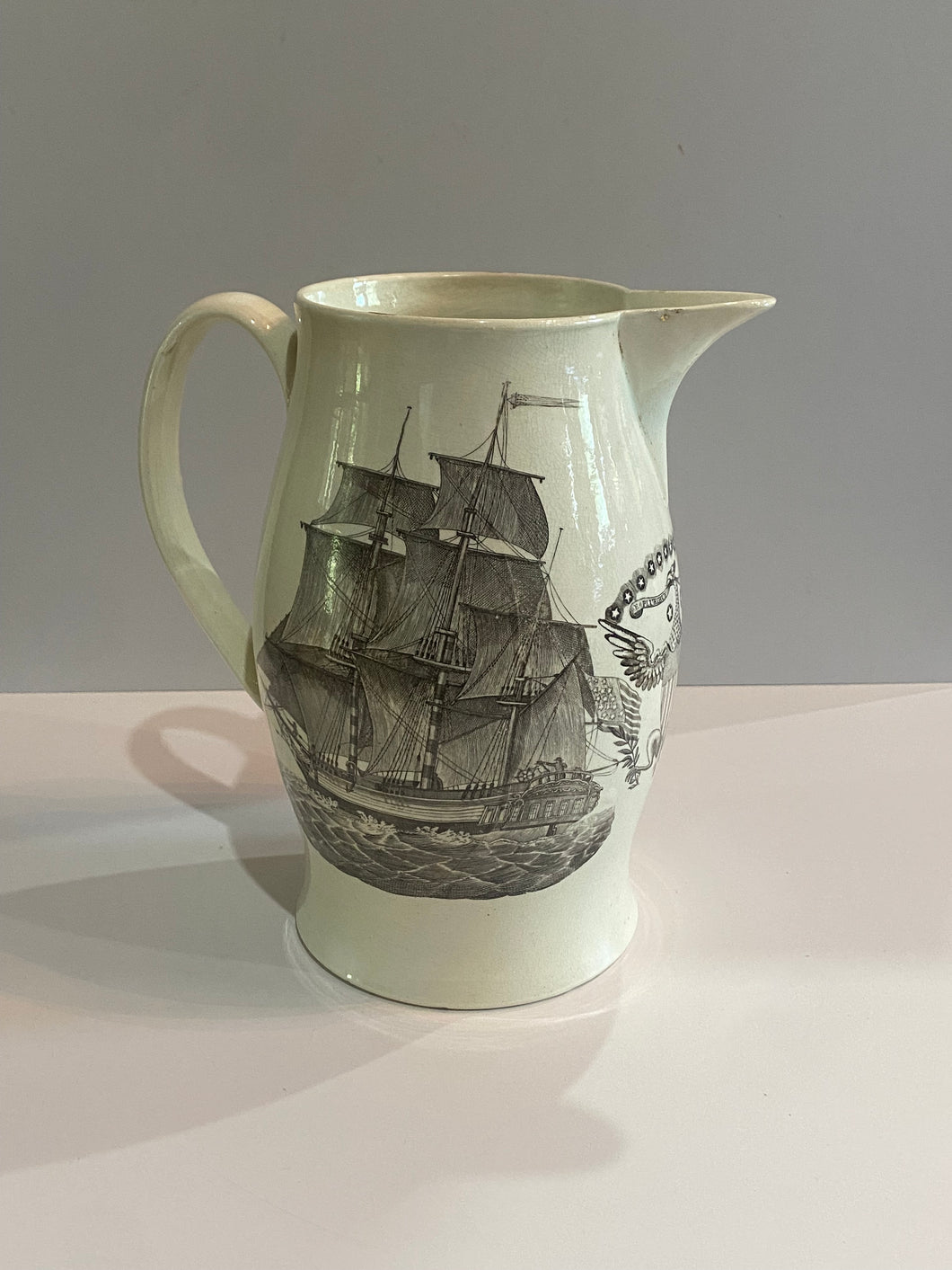 Staffordshire Creamware Liverpool Pitcher With American Ship Large Eagle Shield