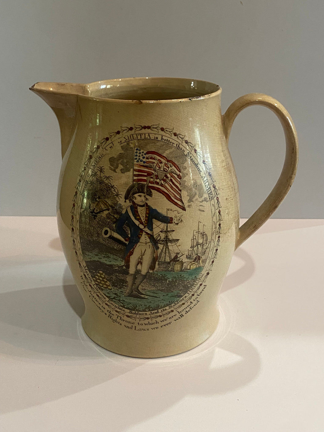 Staffordshire Creamware Liverpool Pitcher American Milita And Ship Ca. 1800
