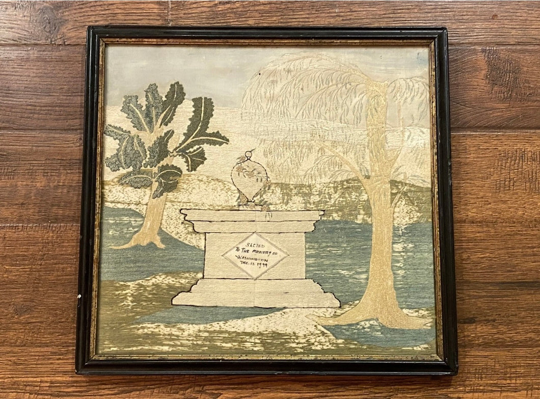 Antique Silk Embroidered Memorial To George Washington Sampler  19th Century