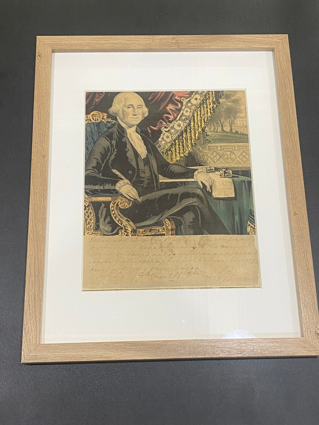 Signed Partial letter of George Washington First President Framed with Currier & Ives Print