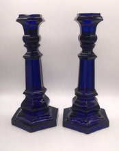Load image into Gallery viewer, Antique New England Glass Co. Cobalt Blue Hexagonal Candlesticks Ca. 1850
