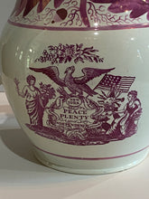 Load image into Gallery viewer, Historical Staffordshire Peace, Plenty and Independence and Success to the United States Pink Luster Pitcher Ca. 1820
