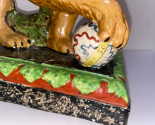 Load image into Gallery viewer, Staffordshire Pearlware Lion Mantle Figure With Globe Ca. 1820’s
