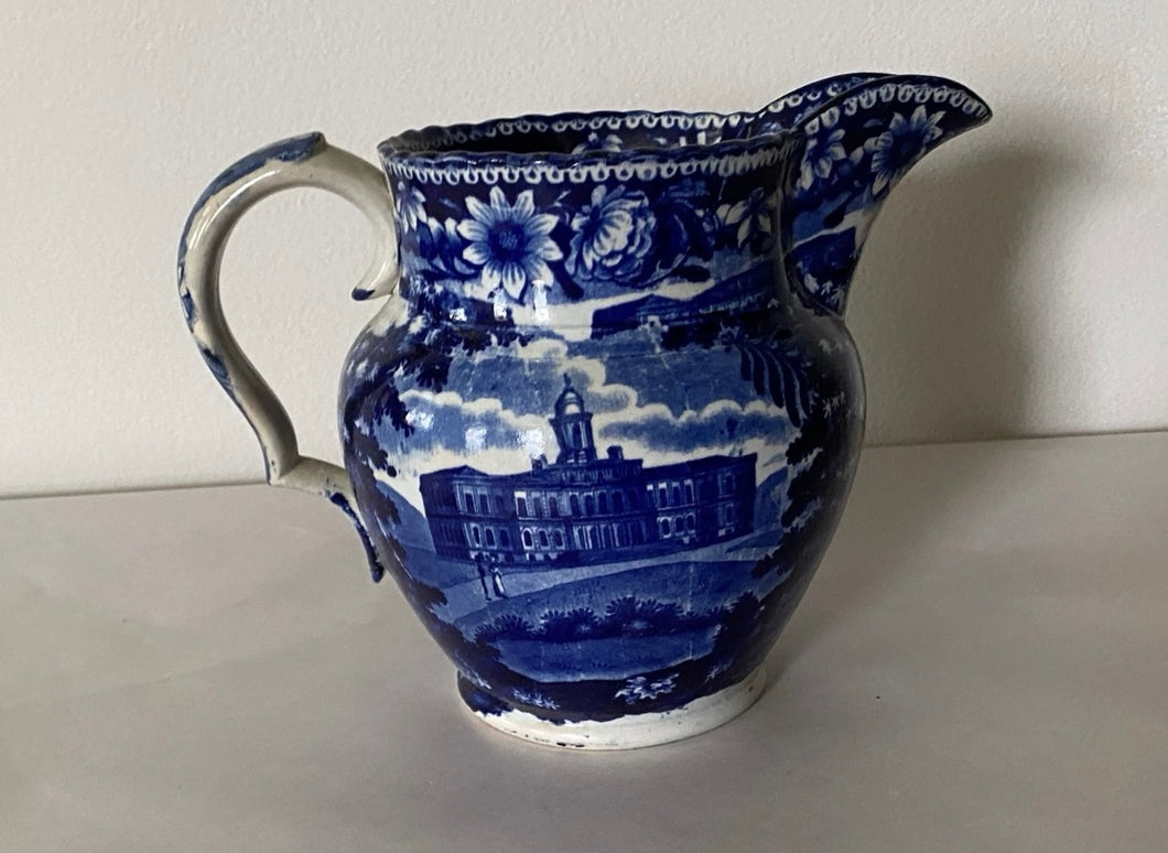 Historical Staffordshire Blue Pitcher New York City Hall Insane Asylum Ca. 1825