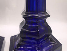 Load image into Gallery viewer, Antique New England Glass Co. Cobalt Blue Hexagonal Candlesticks Ca. 1850
