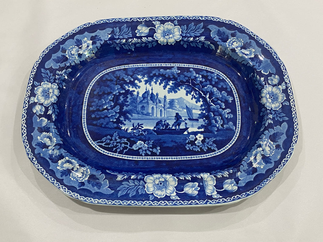 Historical Staffordshire Dark Platter River Scene With Temple