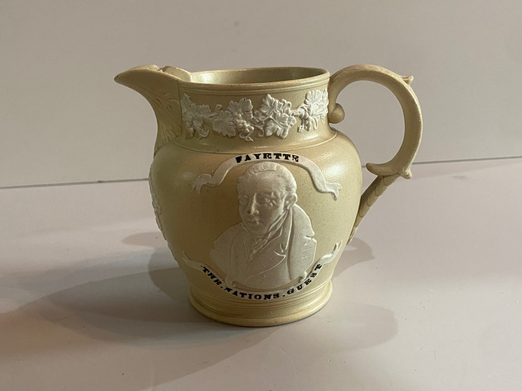 Staffordshire Jasperware George Washington and General Lafayette Tan Pitcher