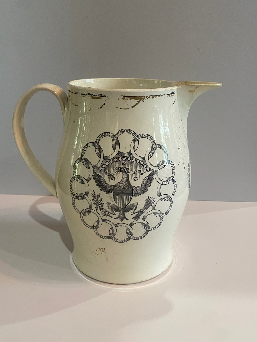 Staffordshire Creamware Liverpool Pitcher Seal of United States with Chain of States Polychrome American Ship