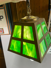 Load image into Gallery viewer, Vintage Slag Glass Arts And Crafts Hanging Light Mission Brass Green Glass
