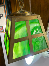 Load image into Gallery viewer, Vintage Slag Glass Arts And Crafts Hanging Light Mission Brass Green Glass
