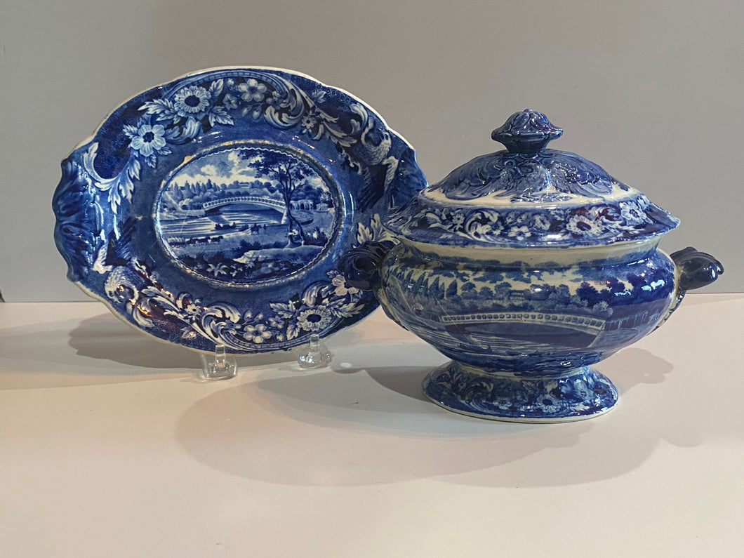 Historical Staffordshire Blue Gravy Tureen and Tray Upper Ferry Bridge Over River Schuylkill