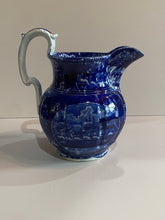 Load image into Gallery viewer, Historical Staffordshire Blue Pitcher Landing of Lafayette Pattern
