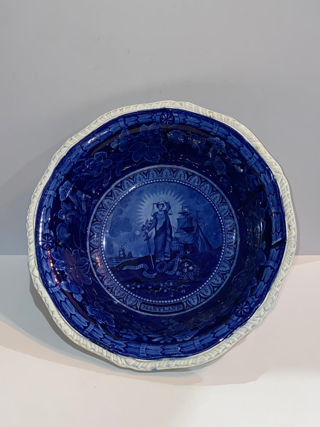Historical Staffordshire Blue Wash Bowl Arms Of Maryland Ca. 1825 Transfer
