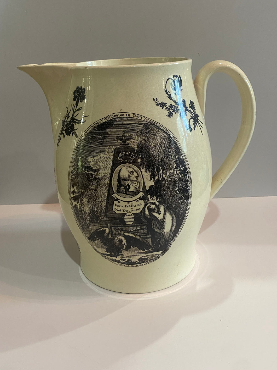 Staffordshire Creamware Liverpool Pitcher Huge Washington U.S. Ship Ca. 1800