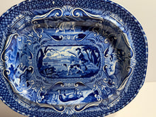 Load image into Gallery viewer, Staffordshire Blue Transfer Quadrupeds Small Platter Hunter and Dog Ca. 1825
