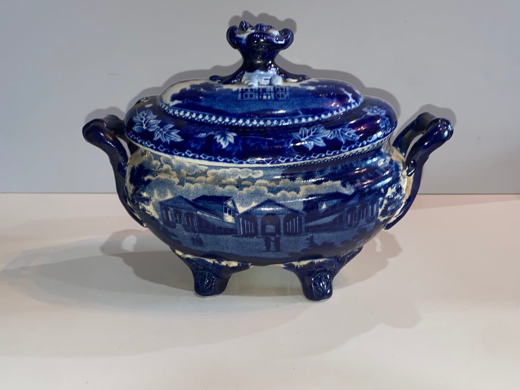 Historical Staffordshire Blue Gravy Tureen Fulton Market NY Masonic Hall Phila. Ca 1825