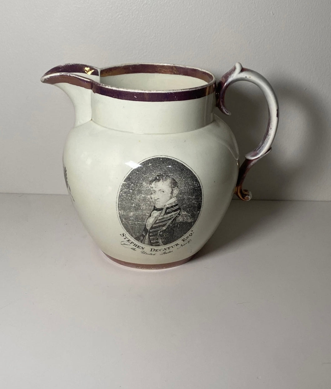 Staffordshire Stephen Decatur 1812 Pitcher Eagle Shield Hornet Peacock