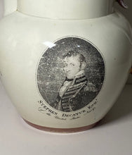 Load image into Gallery viewer, Staffordshire Stephen Decatur 1812 Pitcher Eagle Shield Hornet Peacock
