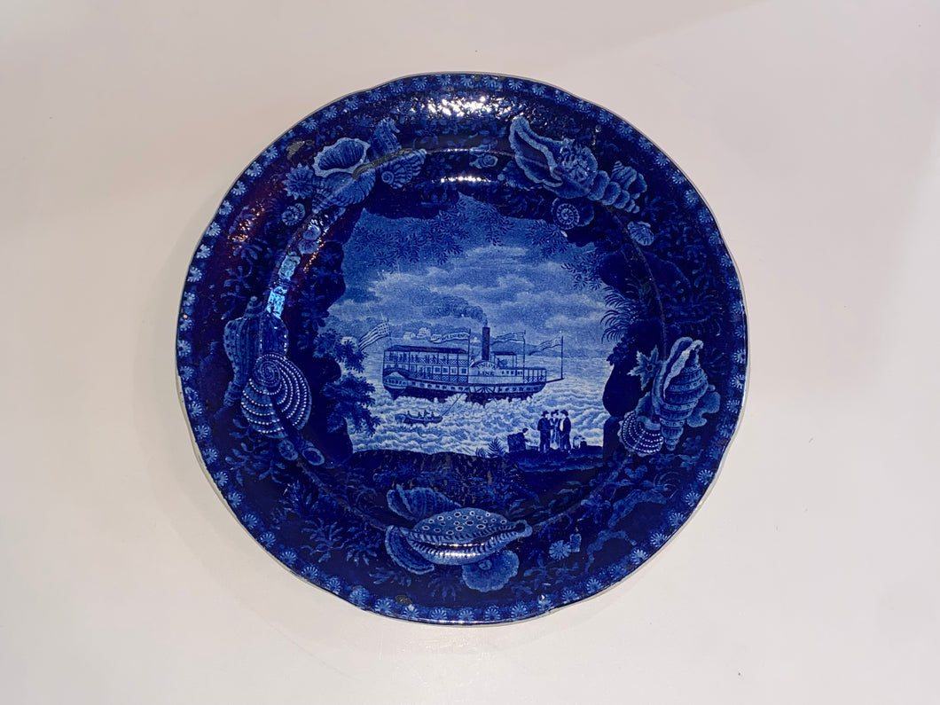 Historical Staffordshire Dark Blue Plate Union Line Ship Wood