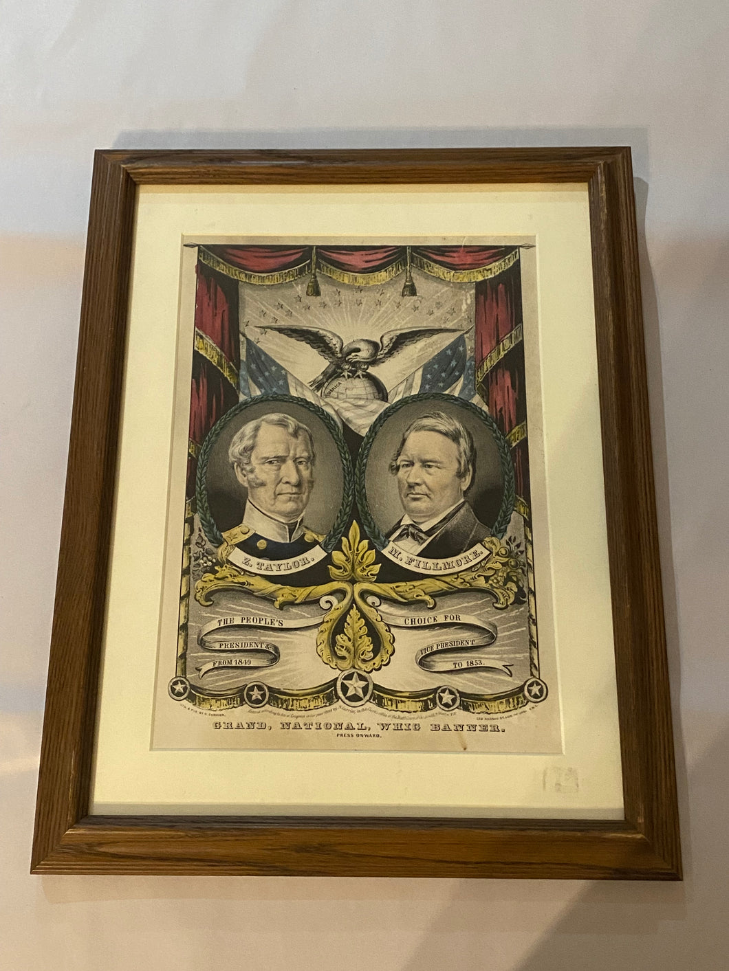 Original Currier and Ives Print Grand, National, Whig Banner Zachary Taylor Millard Fillmore