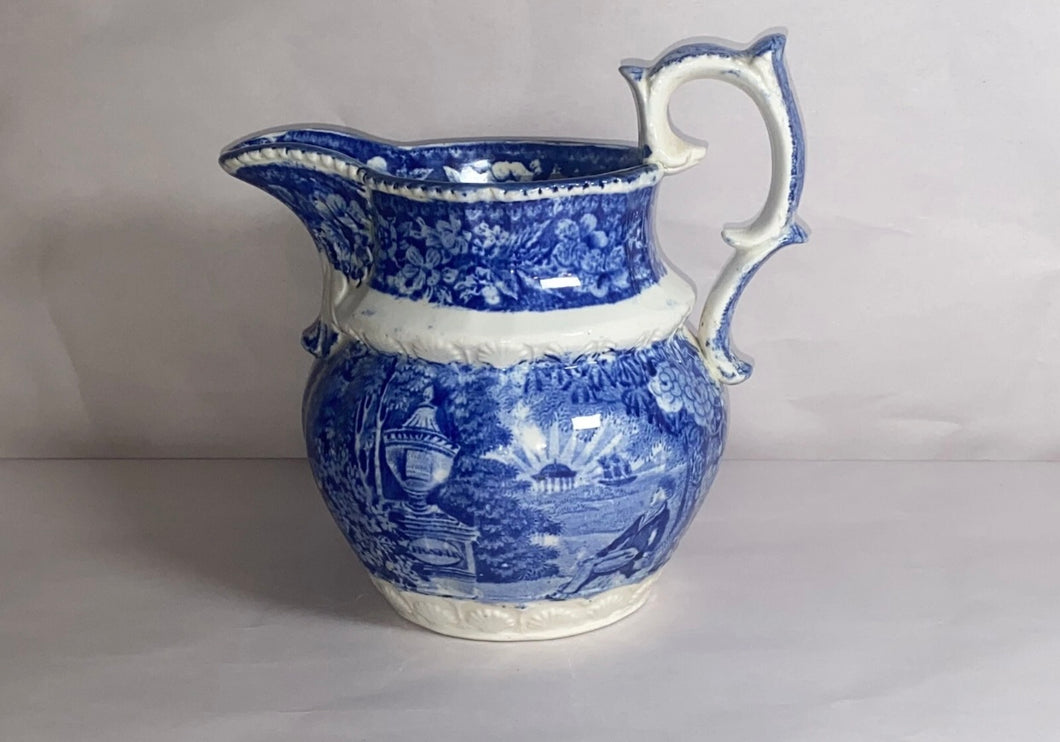 Historical Staffordshire Blue Lafayette At Franklins Tomb Pitcher Ca. 1825