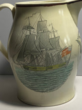 Load image into Gallery viewer, Staffordshire Creamware Liverpool Pitcher Polychrome Map of East Coast American Ship and Jefferson Eagle Ca. 1800
