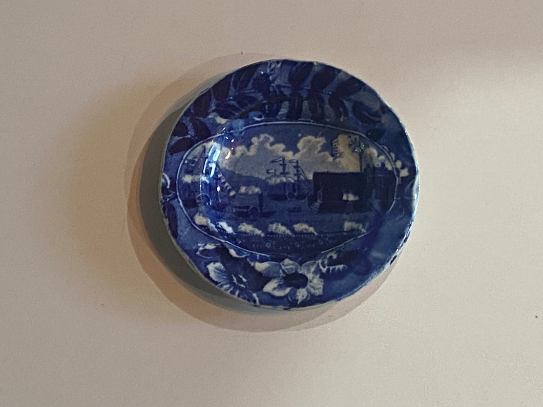 Historical Staffordshire Blue Landing of Lafayette Oval Version Cup Plate