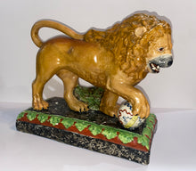 Load image into Gallery viewer, Staffordshire Pearlware Lion Mantle Figure With Globe Ca. 1820’s
