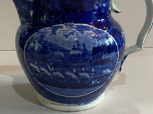 Load image into Gallery viewer, Historical Staffordshire Blue Pitcher Landing of Lafayette Pattern
