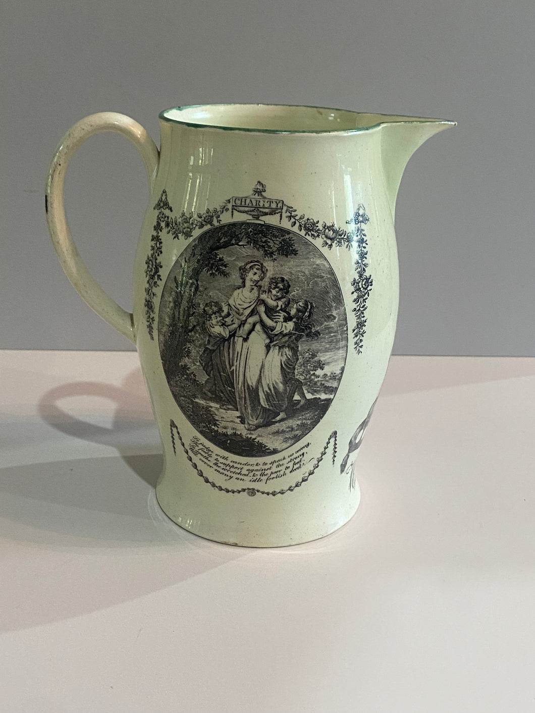 Staffordshire Creamware Liverpool Pitcher Charity And Faith Arms Ca. 1800