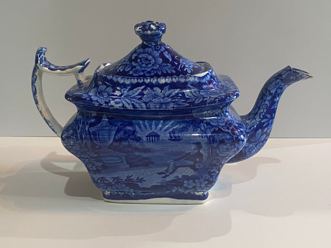 Historical Staffordshire Blue Teapot Lafayette At Franklins Tomb Ca. 1825 Scarce Form