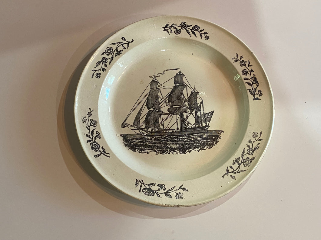 Staffordshire Creamware Liverpool Plate with British Ship