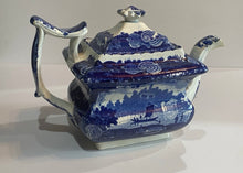 Load image into Gallery viewer, Historical Staffordshire Blue Teapot Wadsworth Tower Connecticut By Stevenson
