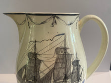 Load image into Gallery viewer, Staffordshire Creamware Liverpool Pitcher Boston Frigate Polychrome Ship Building Scene
