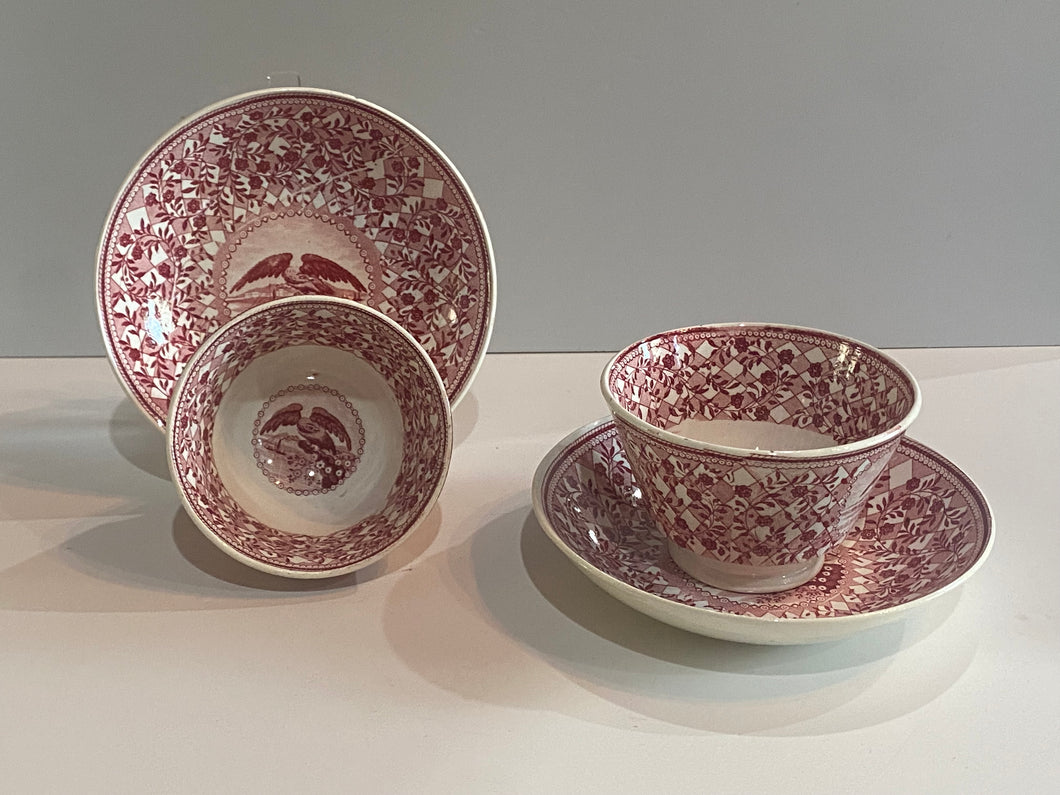 Historical Staffordshire Pink Transfer Eagle Cup and Saucer 2 Available