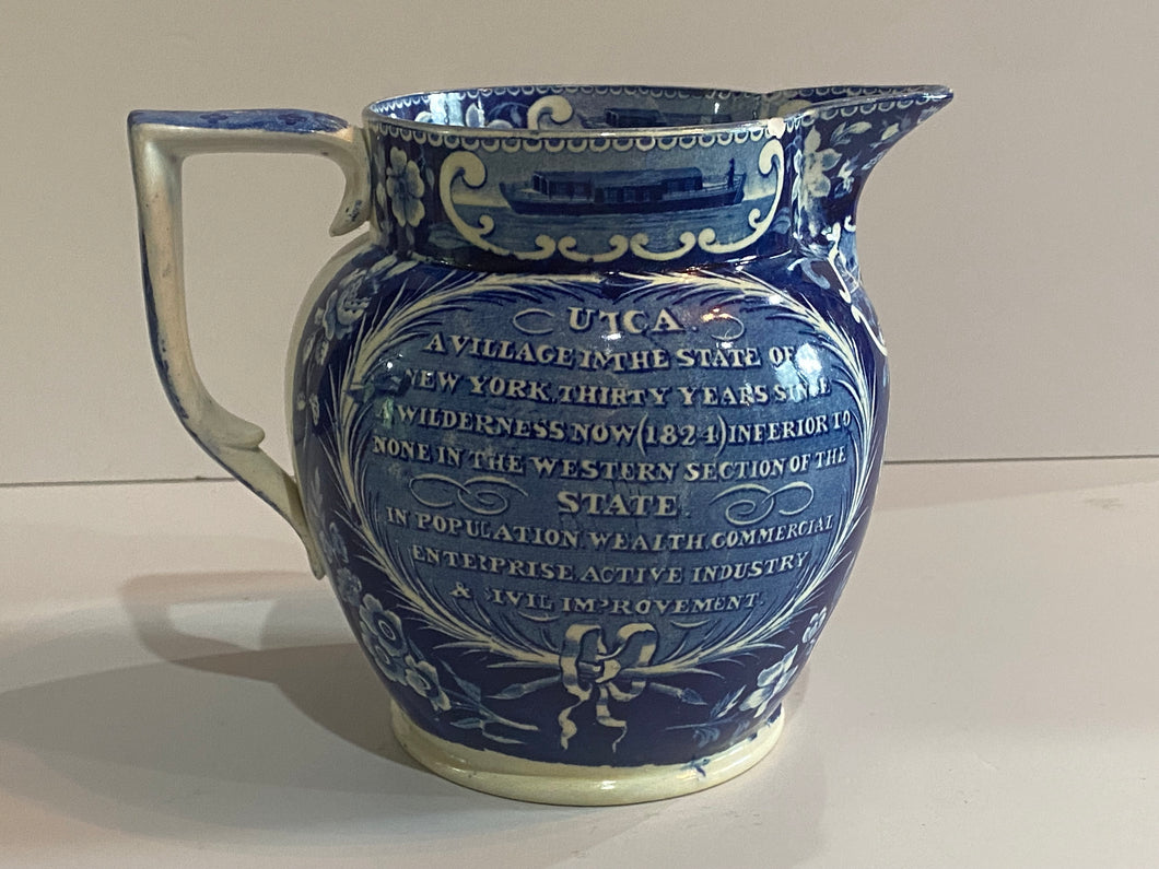 Historical Staffordshire Blue Erie Canal Inscription Pitcher