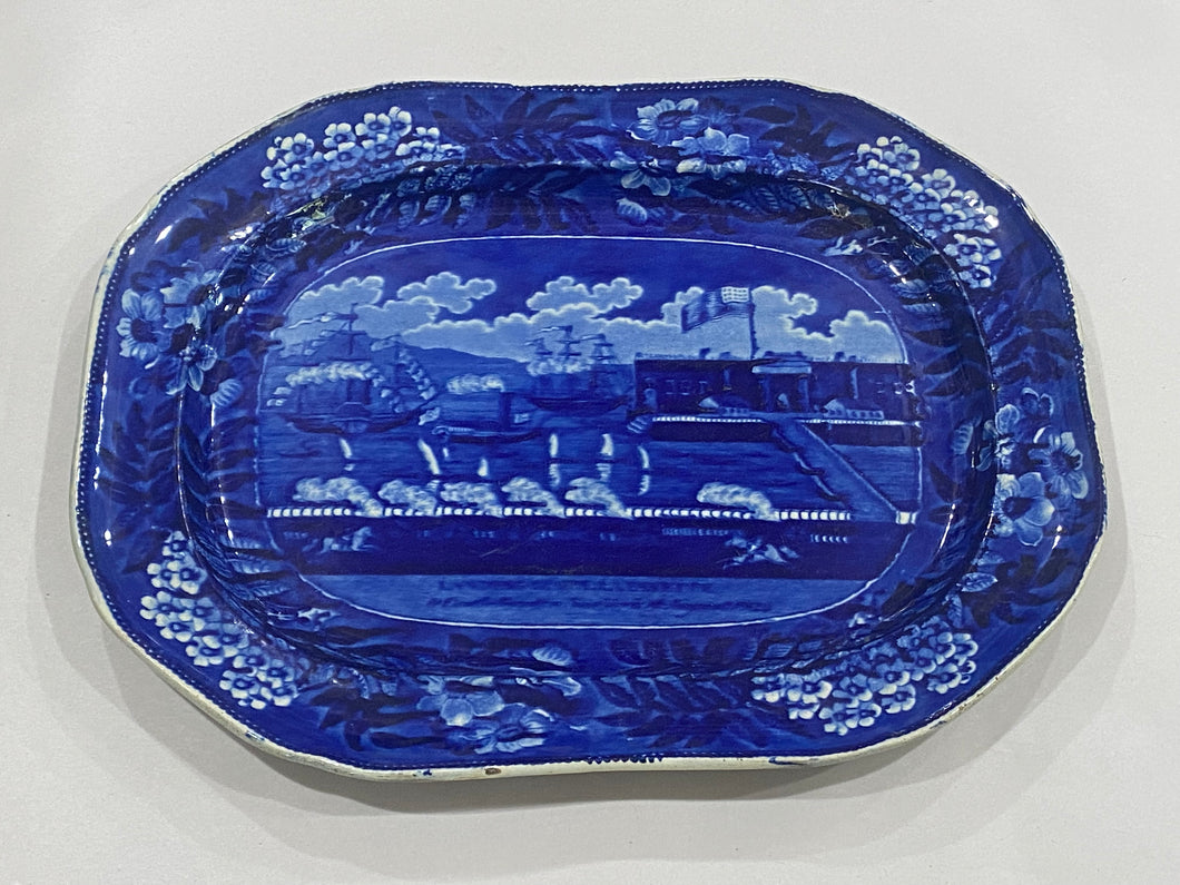 Historical Staffordshire Blue Landing of Lafayette At Castle Gardens Platter 17”