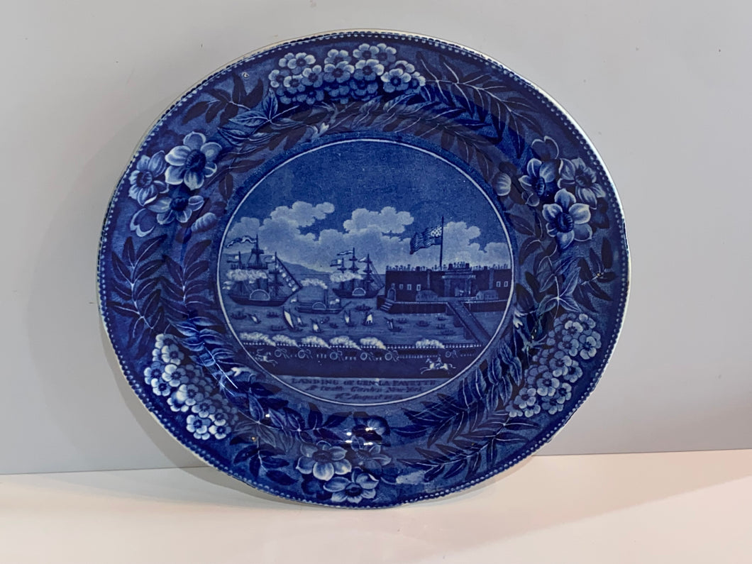 Historical Staffordshire Blue Dinner Plate Landing of Lafayette