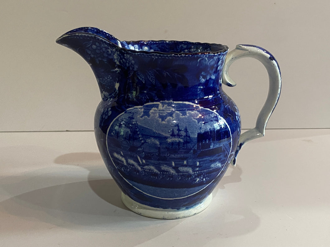 Historical Staffordshire Blue Pitcher Landing of Lafayette Pattern