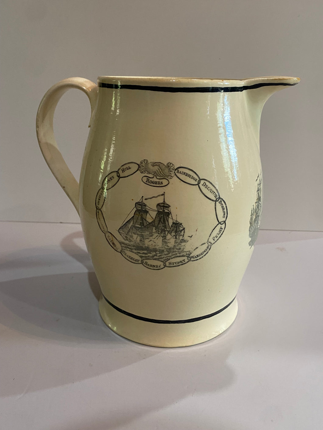 Staffordshire Creamware Liverpool Pitcher Navel Heros United States and Macedonian 1812 Commodore BainBridge