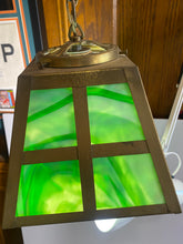Load image into Gallery viewer, Vintage Slag Glass Arts And Crafts Hanging Light Mission Brass Green Glass
