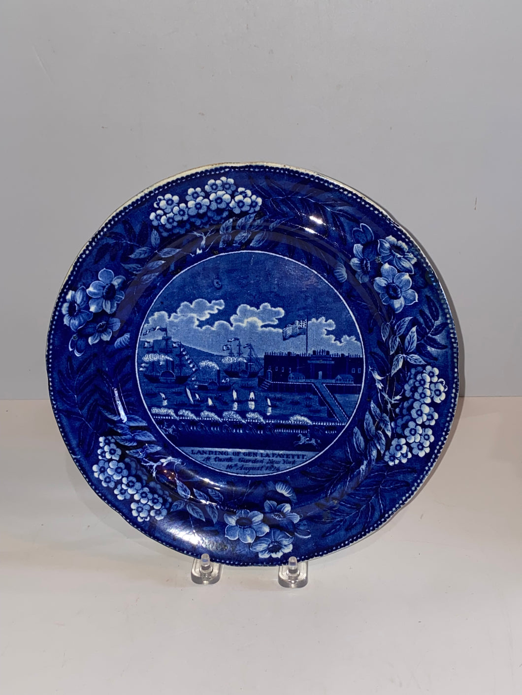 Historical Staffordshire Blue Dinner Plate Landing of Lafayette by Clews 1825