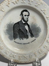 Load image into Gallery viewer, Staffordshire Pearlware Children’s Alphabet Plate Abraham Lincoln 1860’s Child’s
