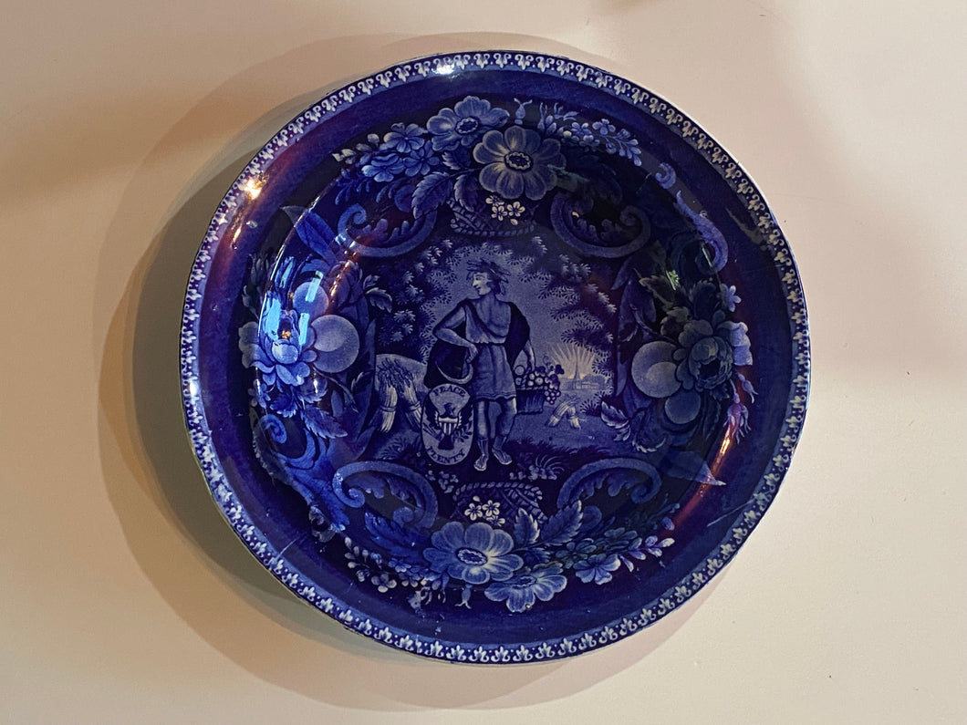 Historical Staffordshire Blue Soup Plate Peace and Plenty Pattern