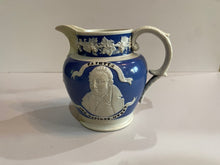Load image into Gallery viewer, Historical Staffordshire Blue Jasperware Washington and Lafayette Pitcher 1830
