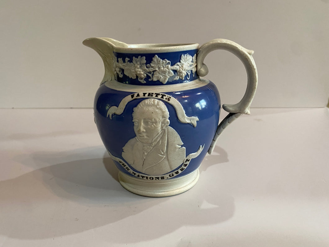 Historical Staffordshire Blue Jasperware Washington and Lafayette Pitcher 1830