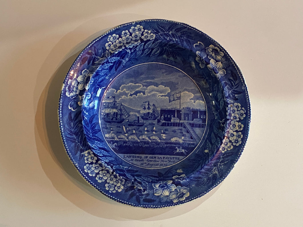Historical Staffordshire Blue Soup Plate Landing Of Lafayette