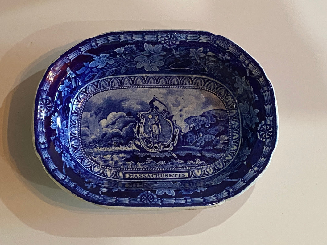 Historical Staffordshire Blue Vegetable Dish Arms of Massachusetts Ca. 1825