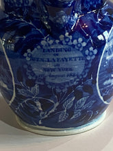 Load image into Gallery viewer, Historical Staffordshire Blue Landing Of Lafayette Pitcher Ca. 1825
