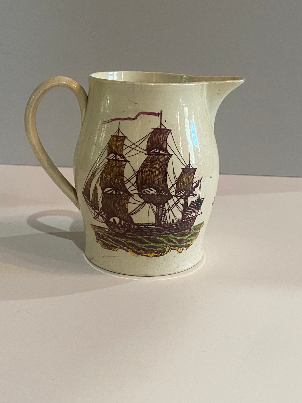 Staffordshire Creamware Small Liverpool pitcher with Polychrome American Ship and Farmers Arms God Speed the Plow